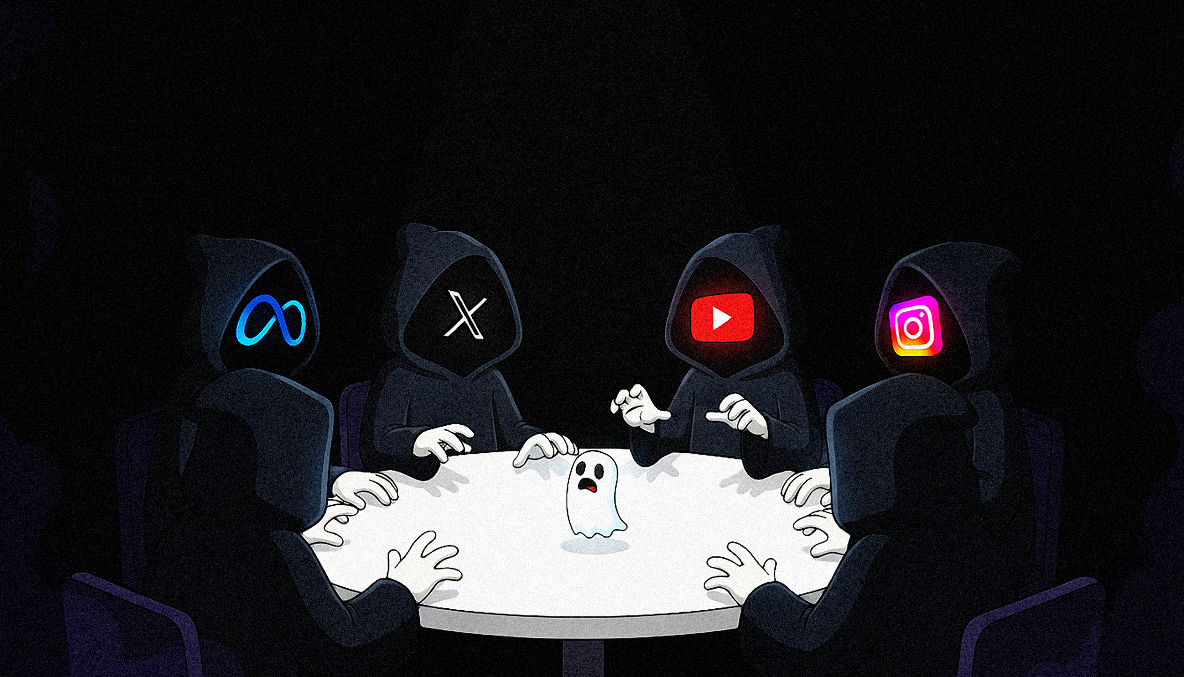 Social media platforms represented as hooded figures